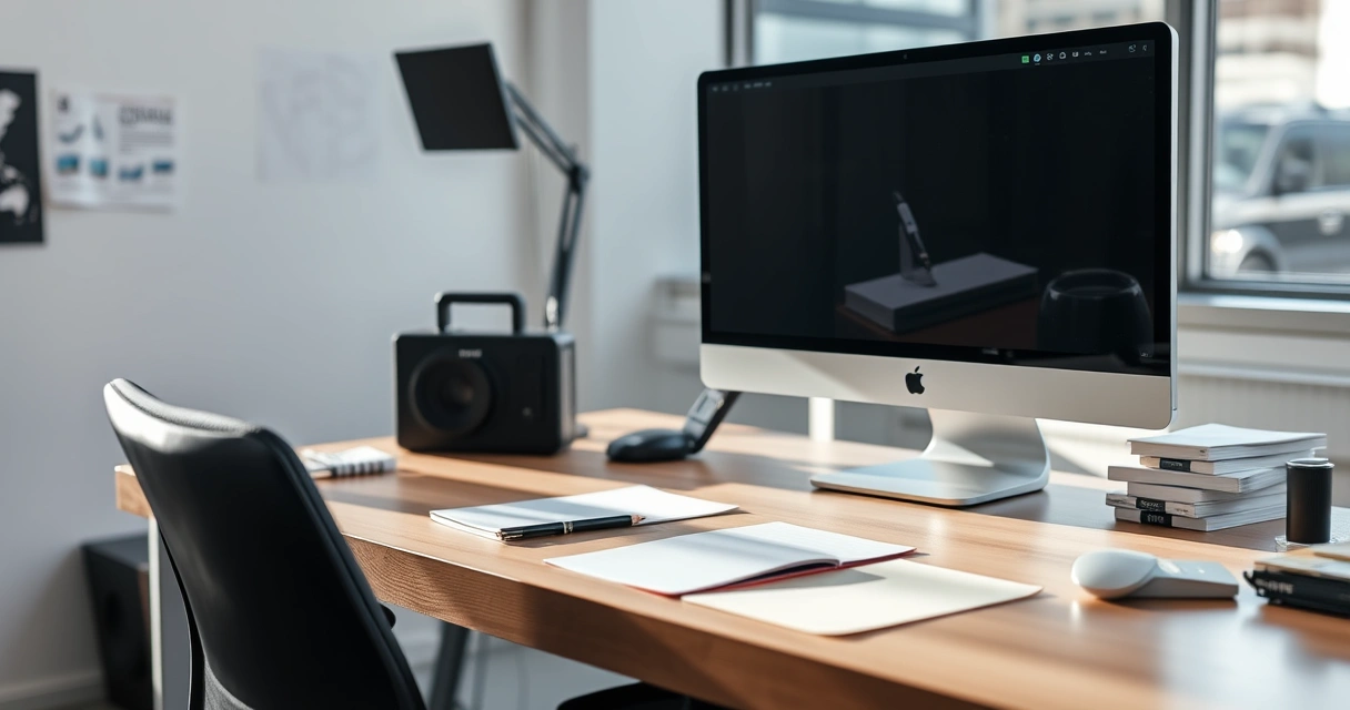 Mesa de redação com monitor e anotações, com luz do dia