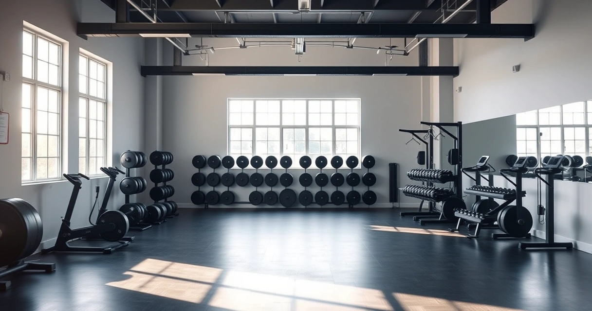 Academia vazia com aparelhos de musculação, à luz da manhã