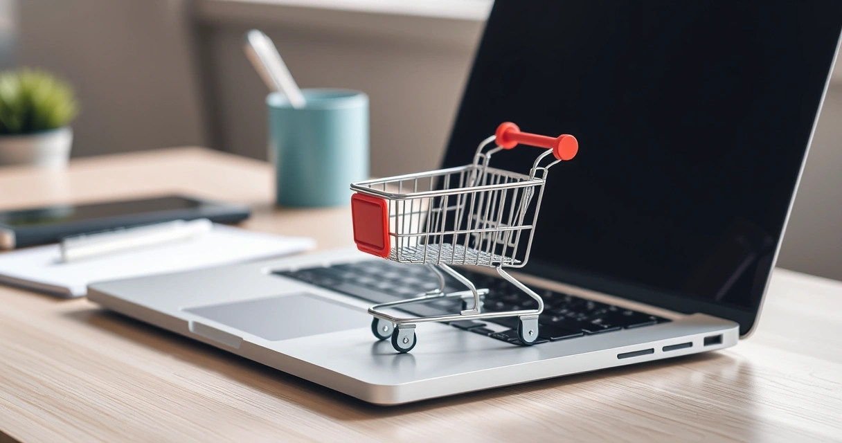 Carrinho de compras em miniatura ao lado de um notebook