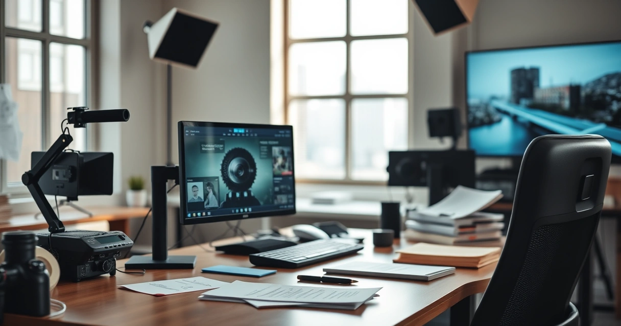 Mesa de redação com monitor e anotações, com luz do dia