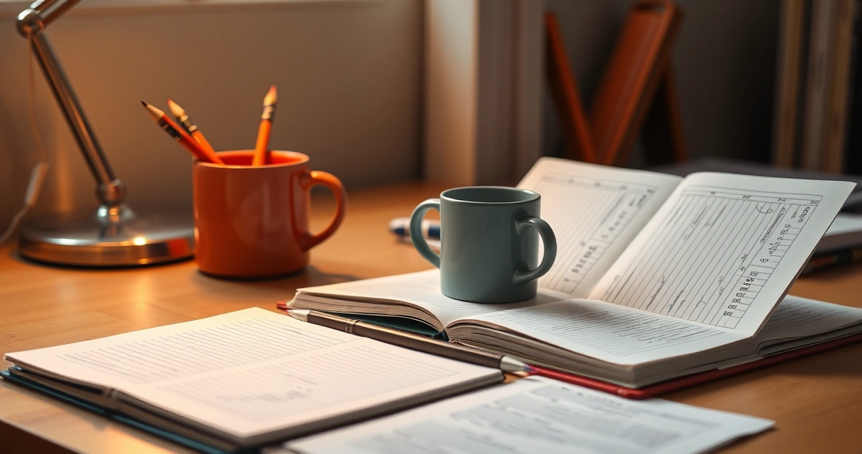 Caderno aberto, lápis e uma caneca sobre a mesa de estudo