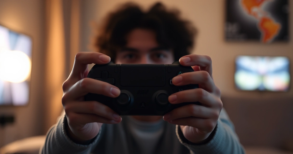 Mãos segurando um controle de videogame, com o brilho da tela ao fundo