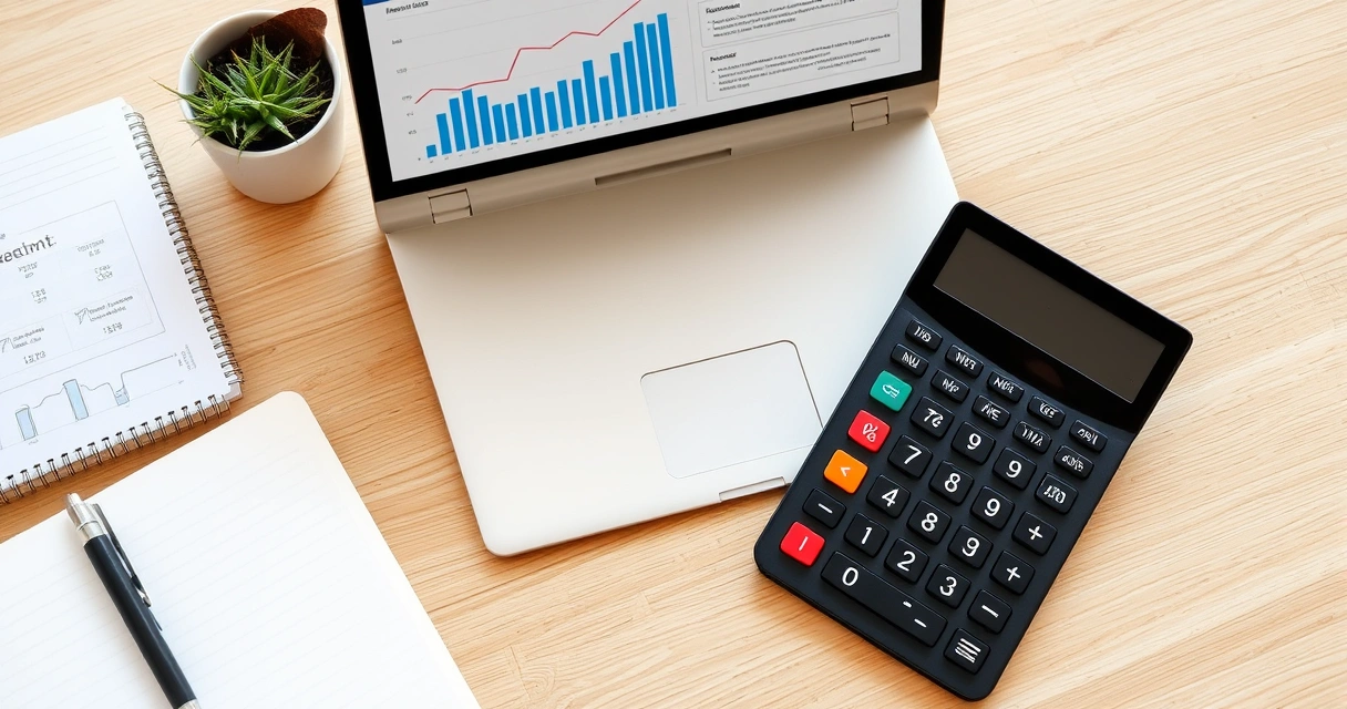 Notebook com gráficos ao lado de um caderno e uma calculadora