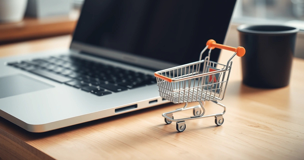 Carrinho de compras em miniatura ao lado de um notebook