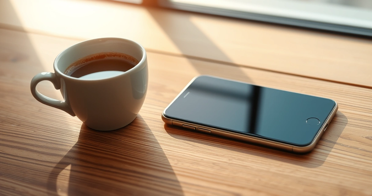 Celular sobre uma mesa de madeira, ao lado de uma xícara de café
