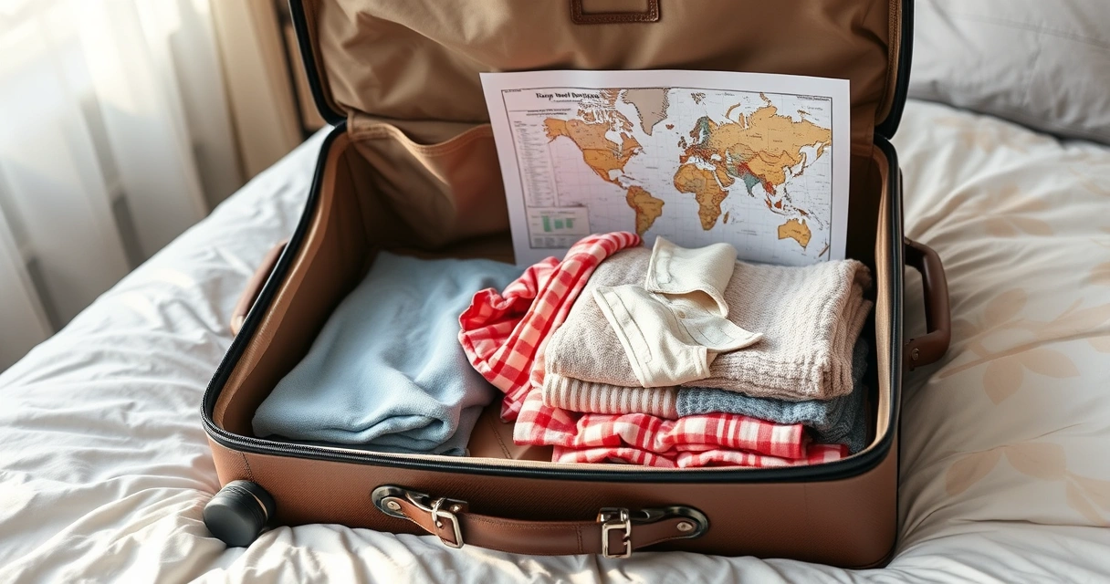 Mala aberta com roupas dobradas e um mapa de papel sobre a cama
