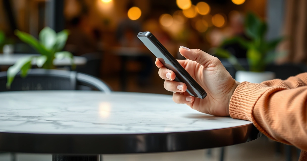 Pessoa segurando um celular na mesa de uma cafeteria