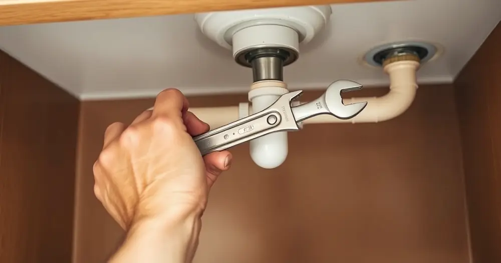Mãos com uma chave inglesa trabalhando no cano de uma pia