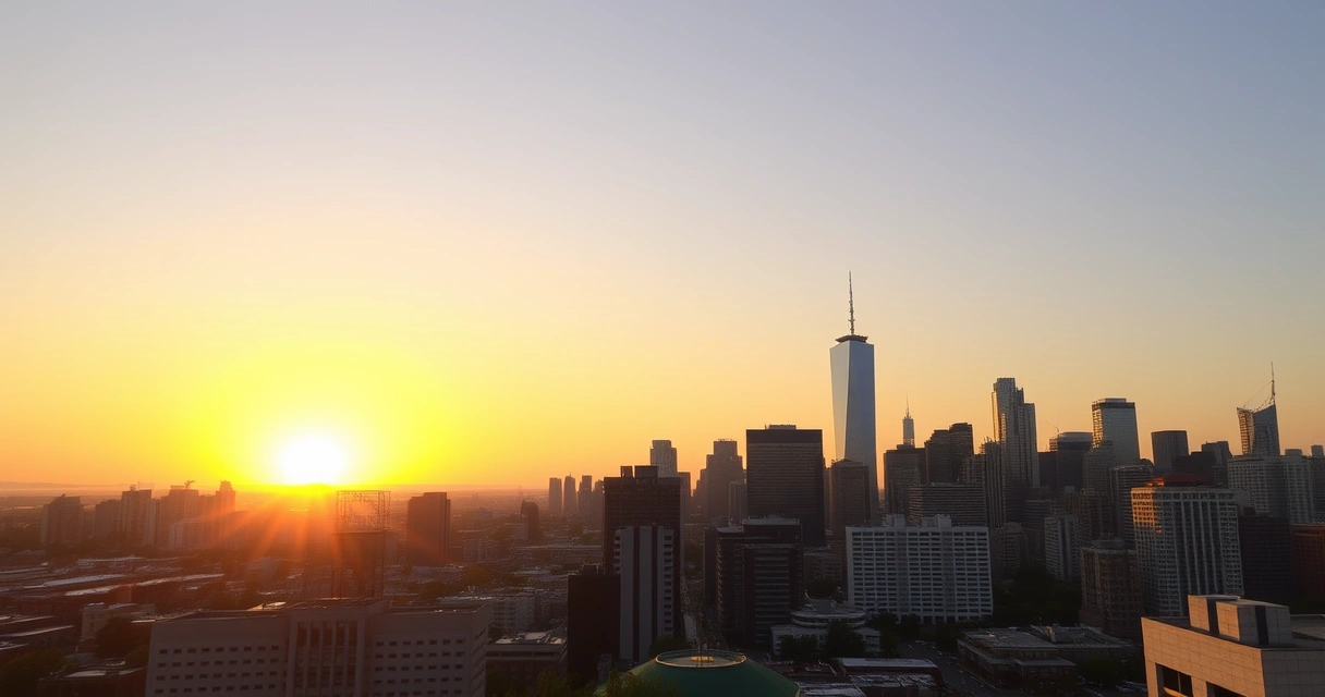 Silhueta da cidade ao amanhecer, vista de uma cobertura
