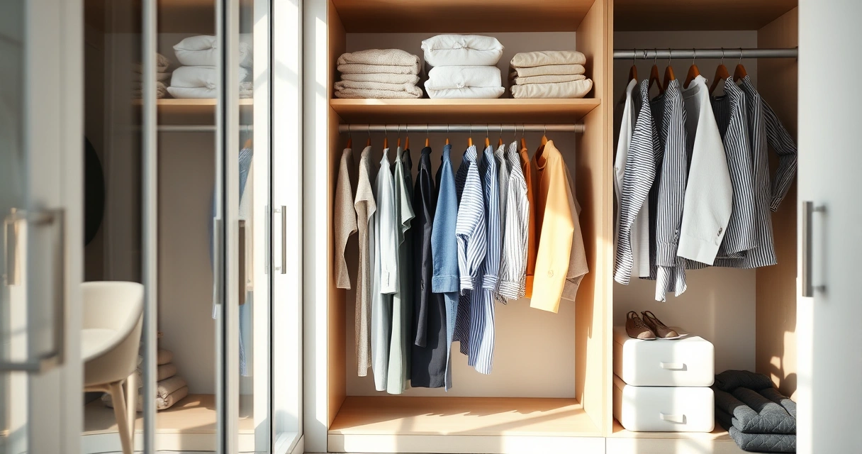 Roupas dobradas com cuidado dentro de um guarda-roupa aberto