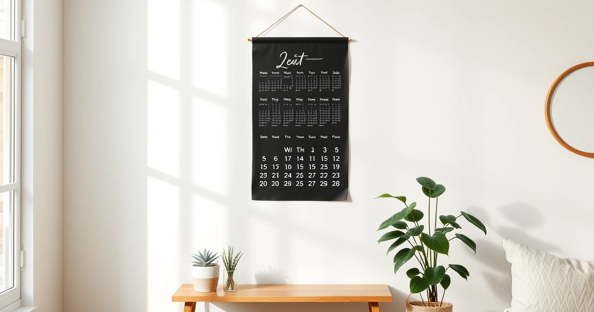 Calendário de parede e um vaso de planta no canto de uma sala