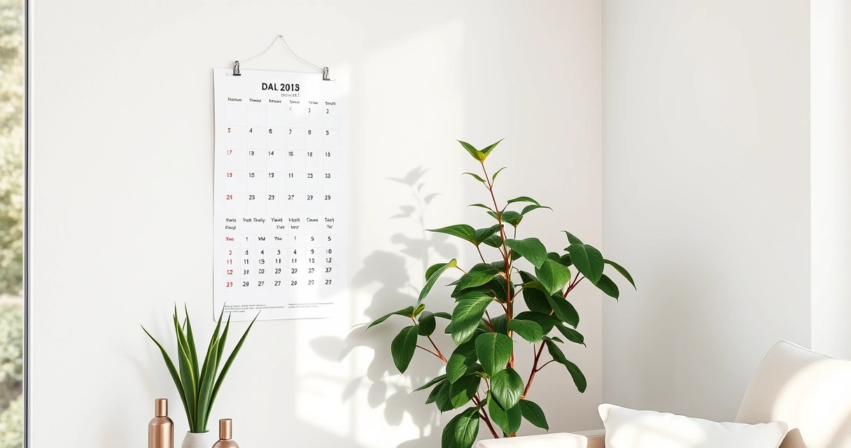 Calendário de parede e um vaso de planta no canto de uma sala