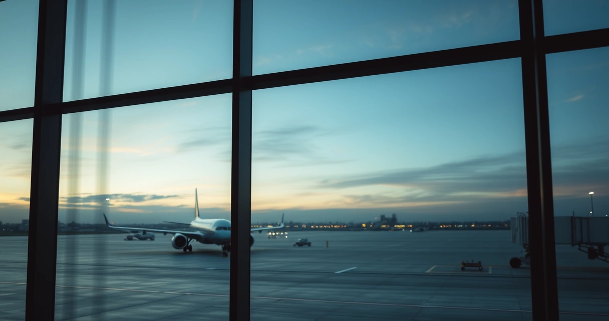 Janela de terminal de aeroporto com um avião do lado de fora, ao amanhecer