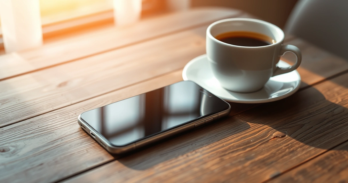 Celular sobre uma mesa de madeira, ao lado de uma xícara de café