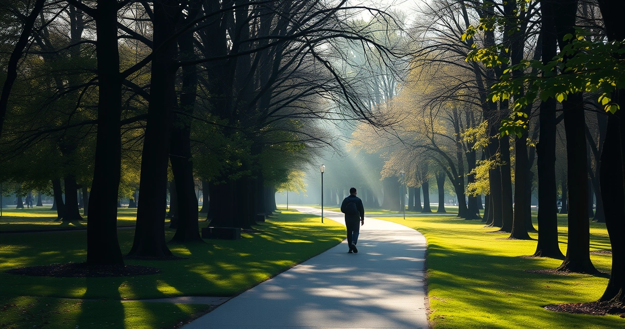 Pessoa caminhando por uma trilha de parque entre árvores