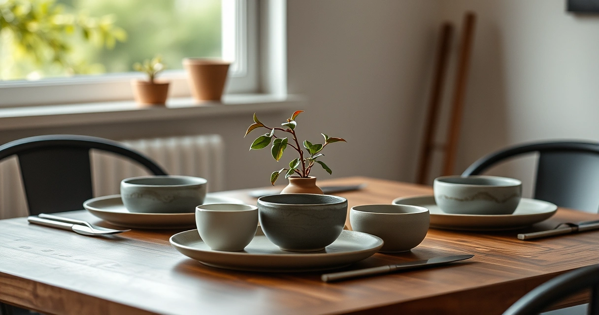 Mesa posta com louça simples e uma pequena planta
