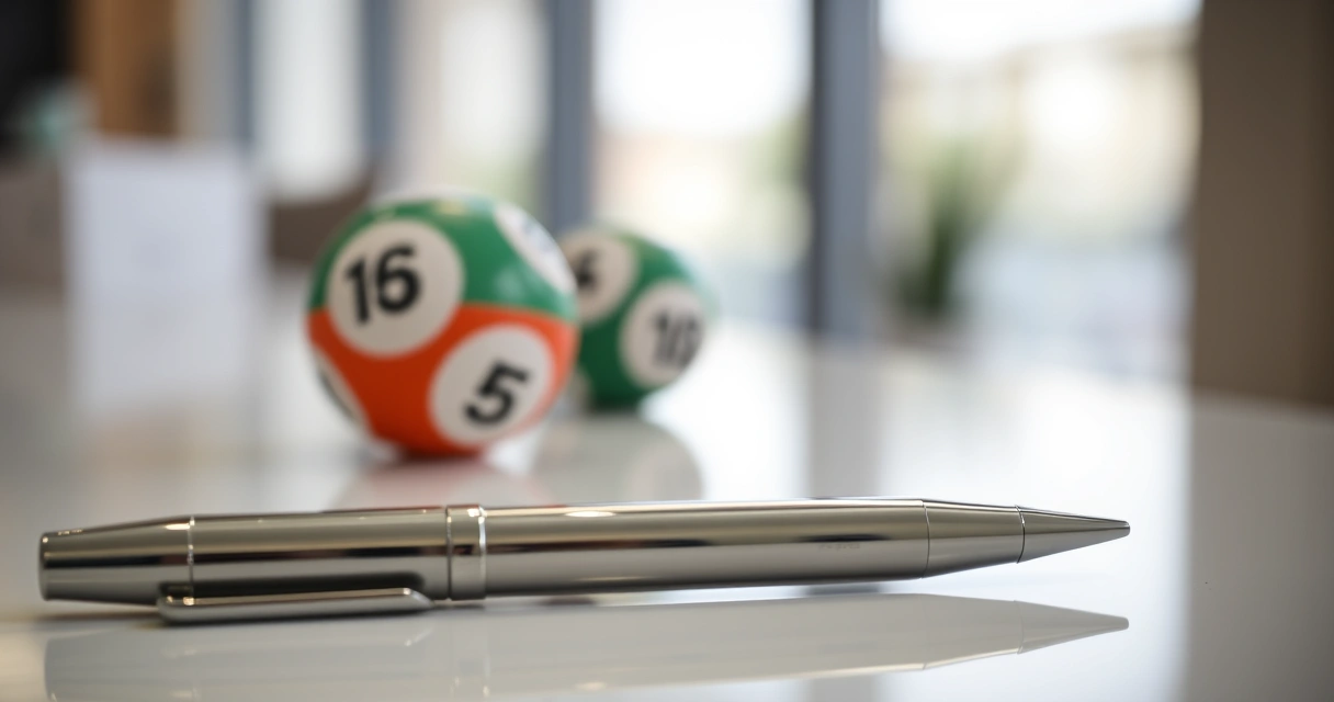Bolas de sorteio e uma caneta sobre um balcão