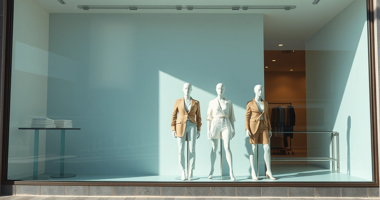 Vitrine de loja com manequins, à luz do dia