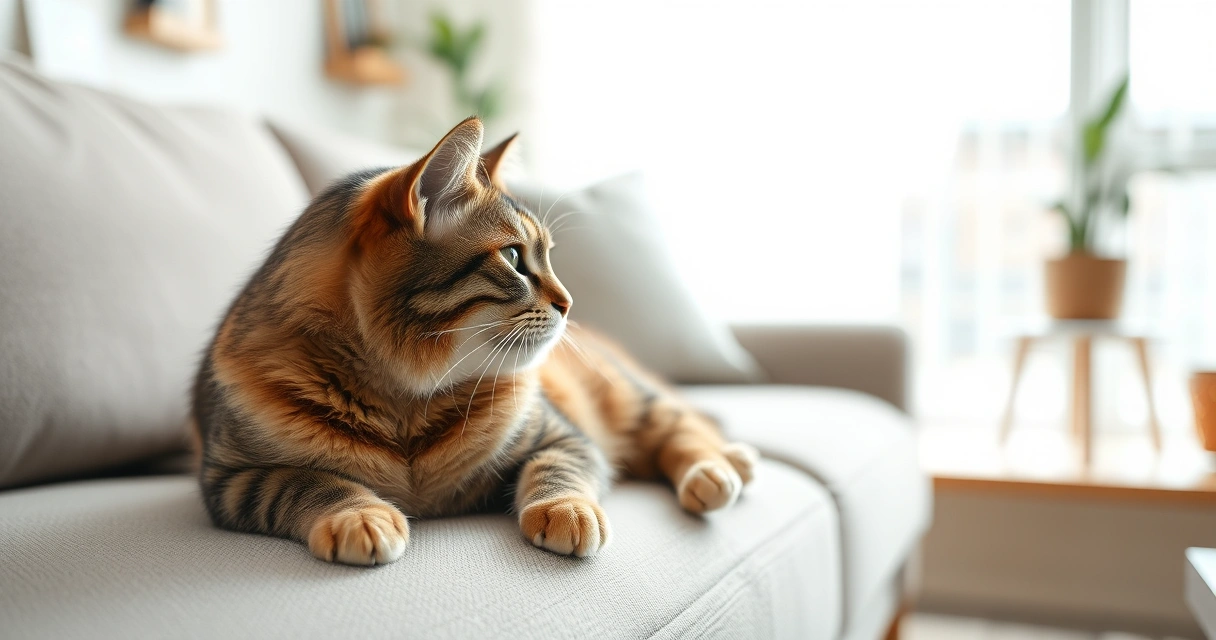 Gato descansando no sofá de uma sala clara