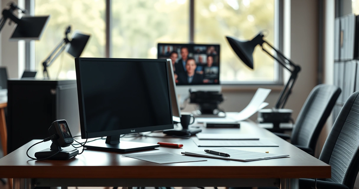 Mesa de redação com monitor e anotações, com luz do dia