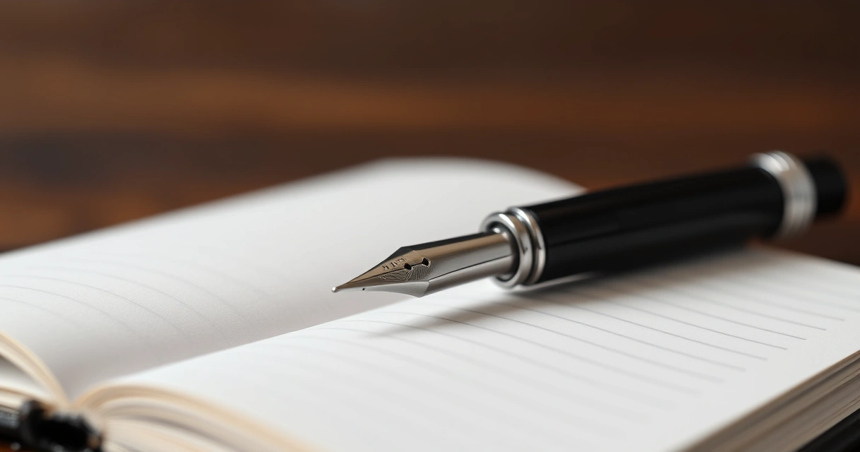Caneta apoiada sobre um caderno aberto, em close