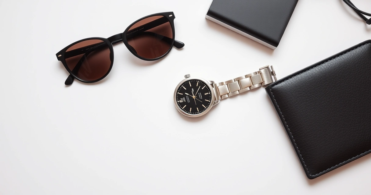 Óculos de sol, relógio e carteira dispostos sobre uma superfície clara