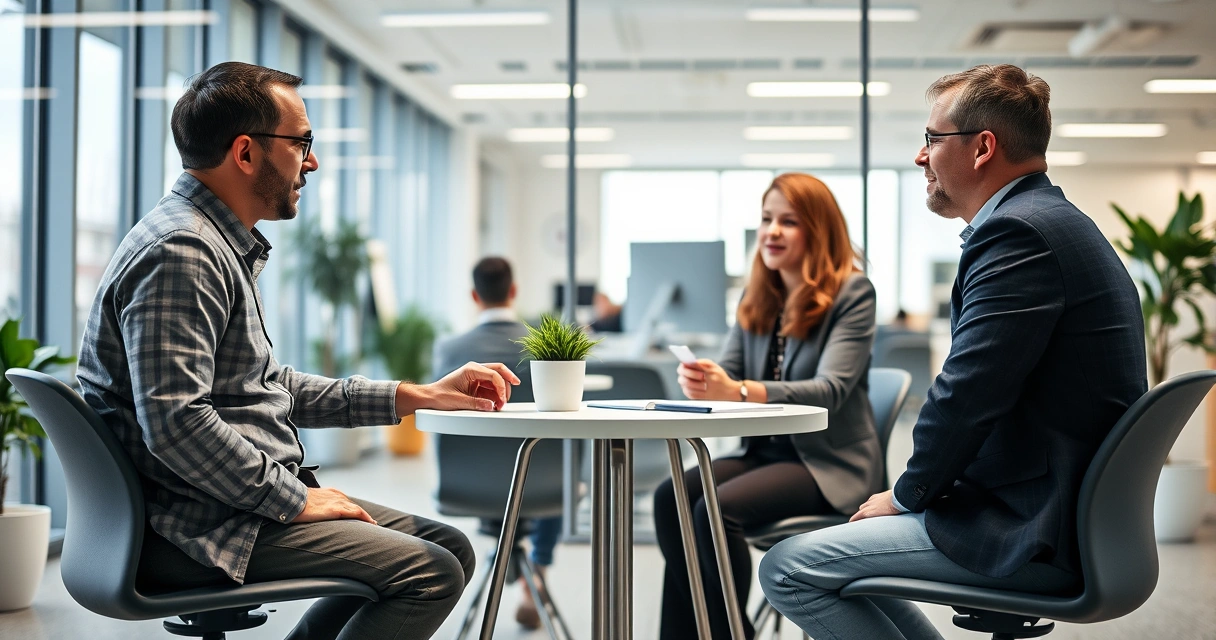 Três pessoas conversando ao redor de uma mesa num escritório claro