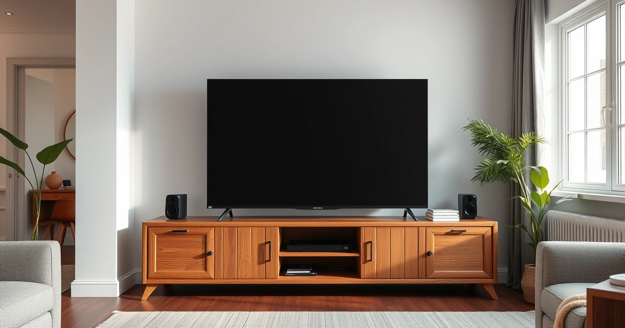 Televisão grande sobre rack de madeira numa sala moderna