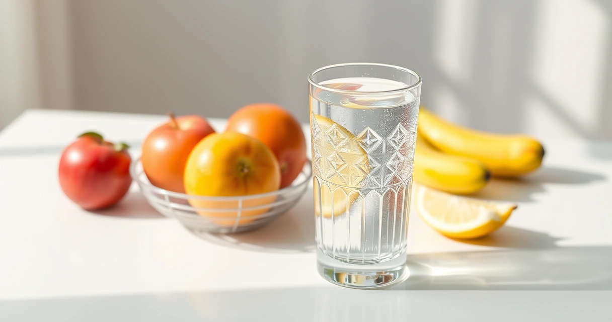 Copo de água e frutas frescas sobre uma mesa clara