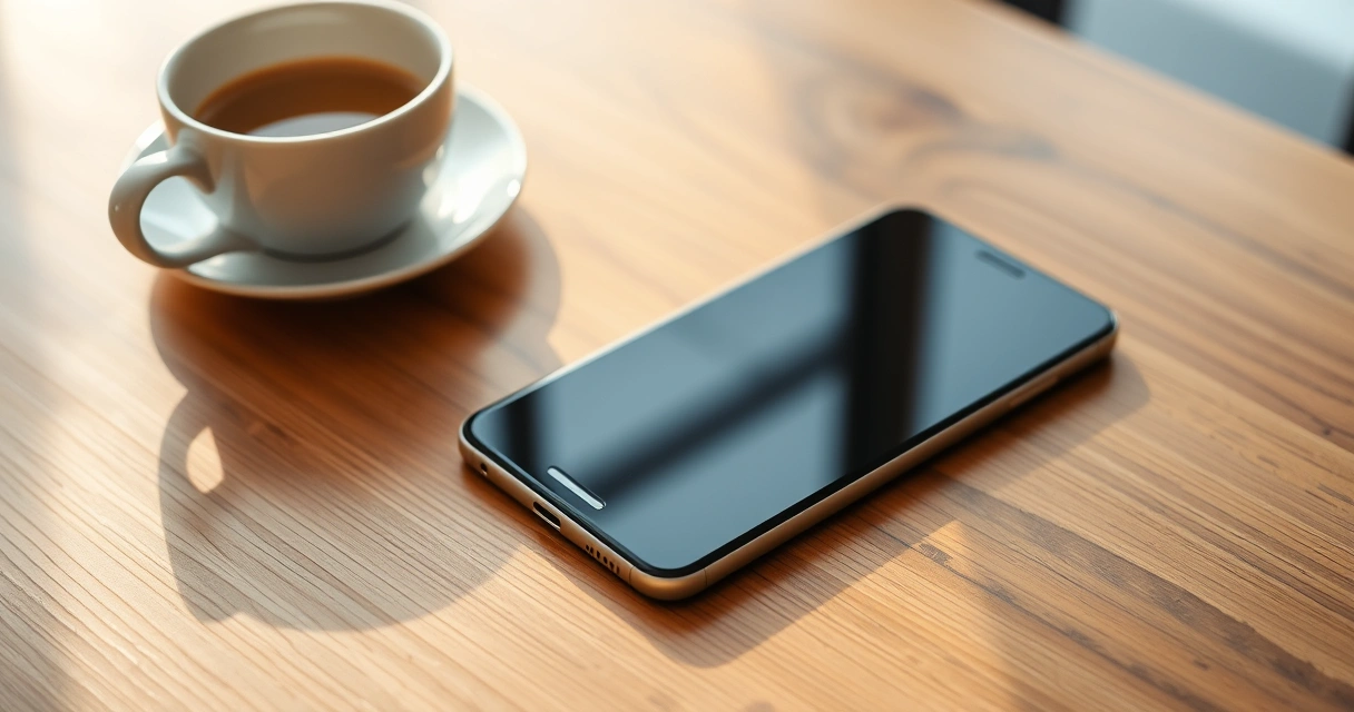 Celular sobre uma mesa de madeira, ao lado de uma xícara de café