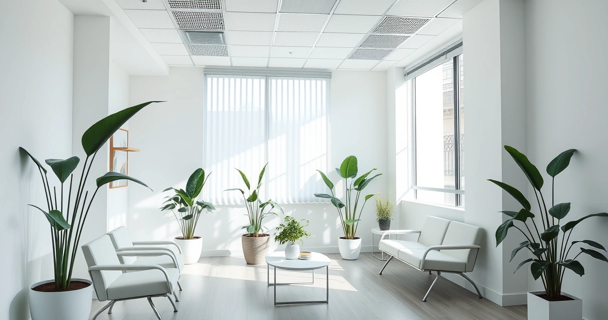 Sala de espera de consultório, com plantas e luz suave