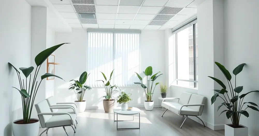 Sala de espera de consultório, com plantas e luz suave