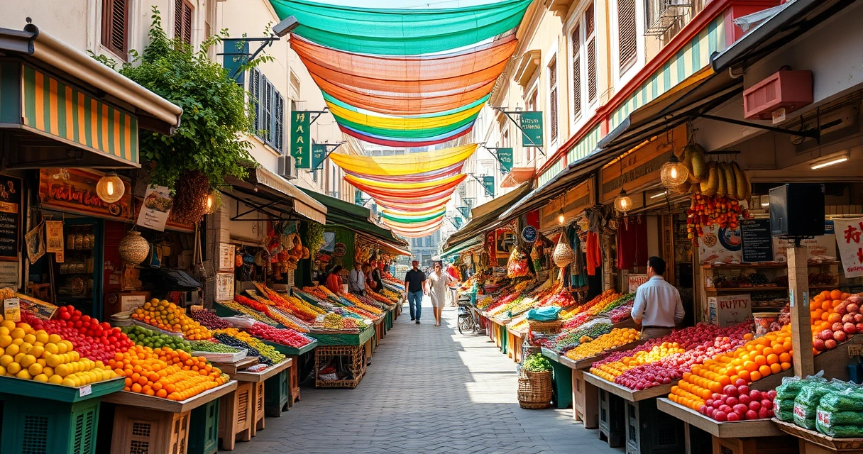 Feira de rua com barracas de frutas coloridas, à luz do dia