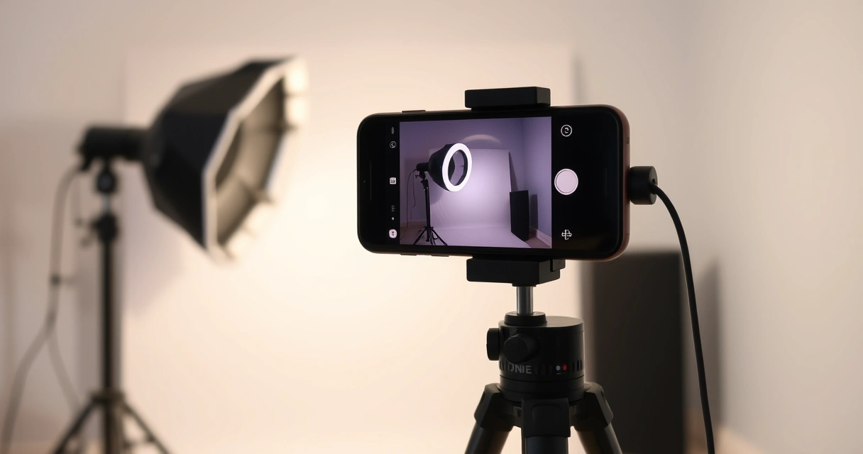 Celular em tripé e anel de luz num pequeno estúdio