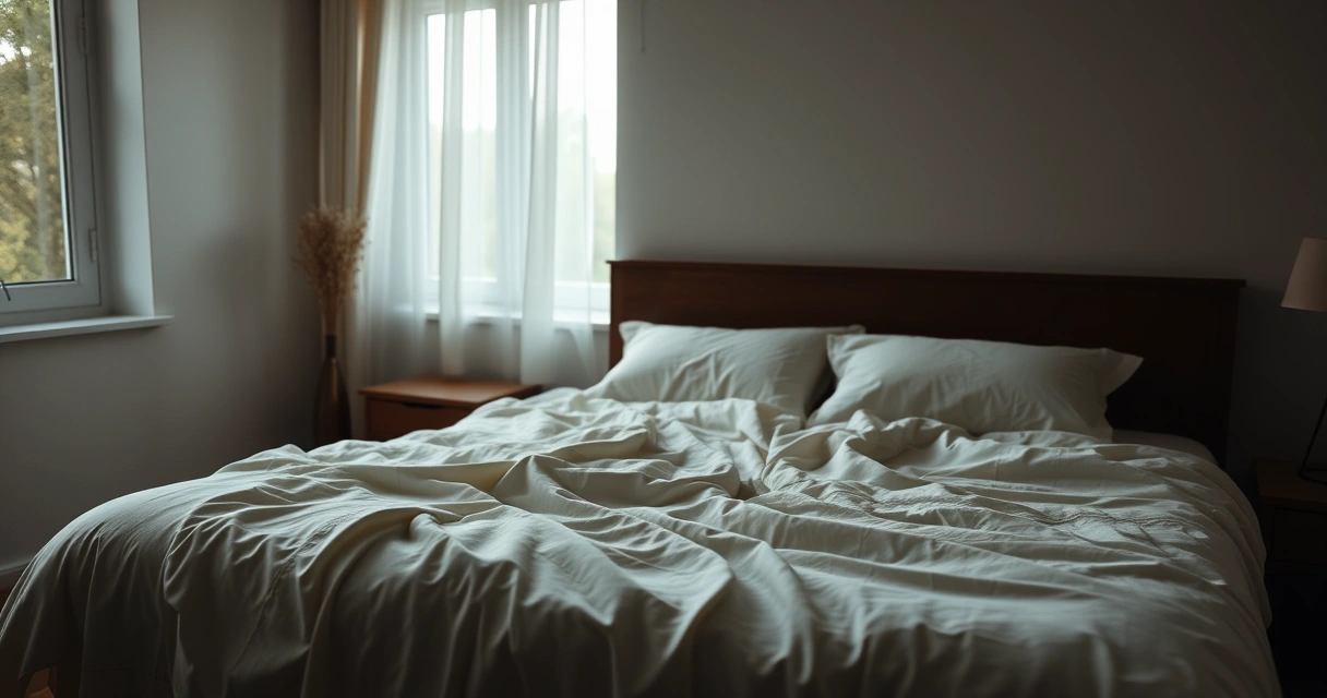 Cama arrumada com roupa de cama clara num quarto tranquilo
