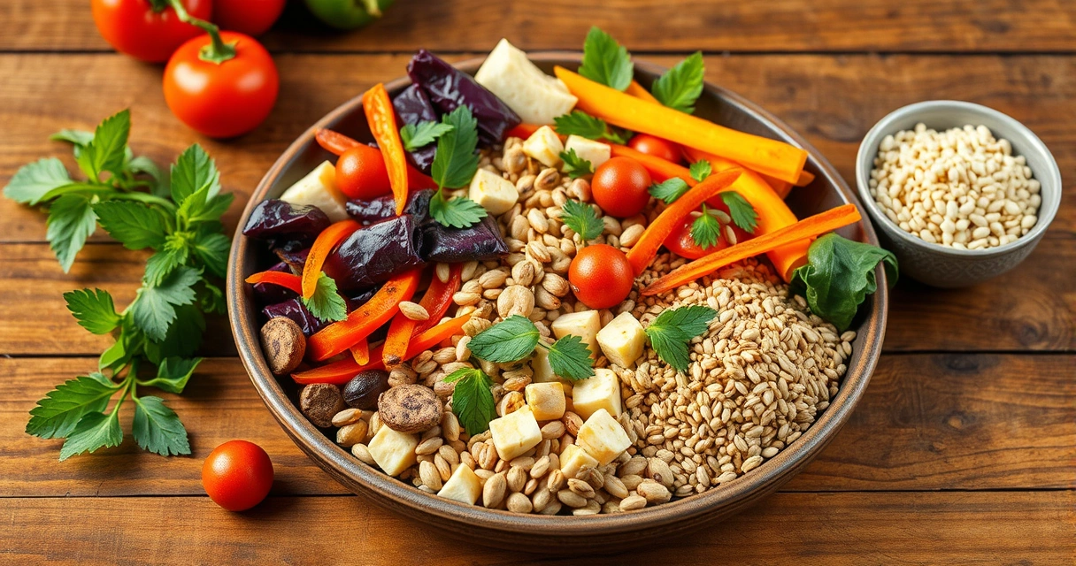 Prato com legumes coloridos e grãos sobre mesa de madeira