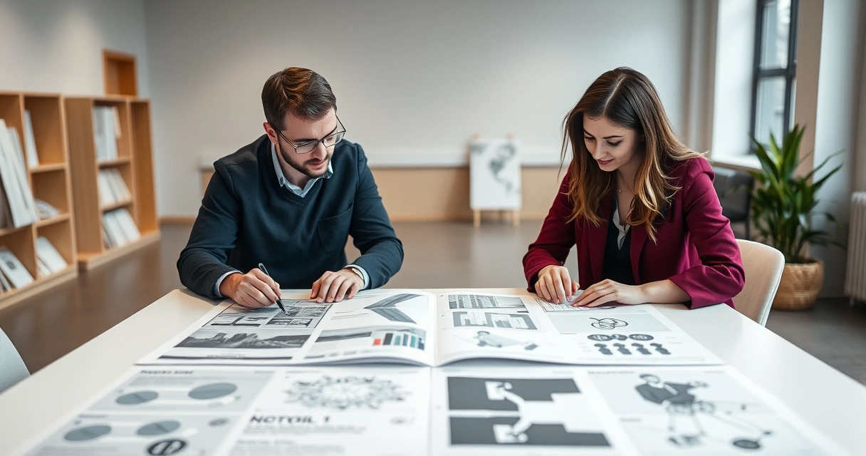 Duas pessoas analisando layouts impressos sobre uma mesa grande
