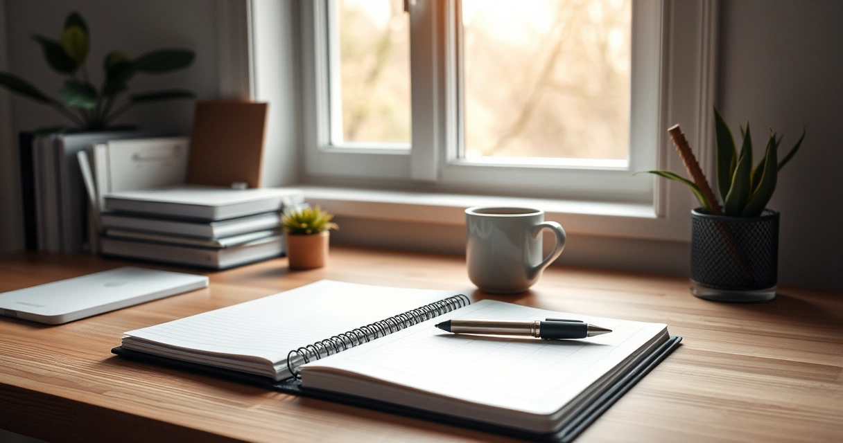 Escrivaninha organizada com caderno, caneta e xícara de café