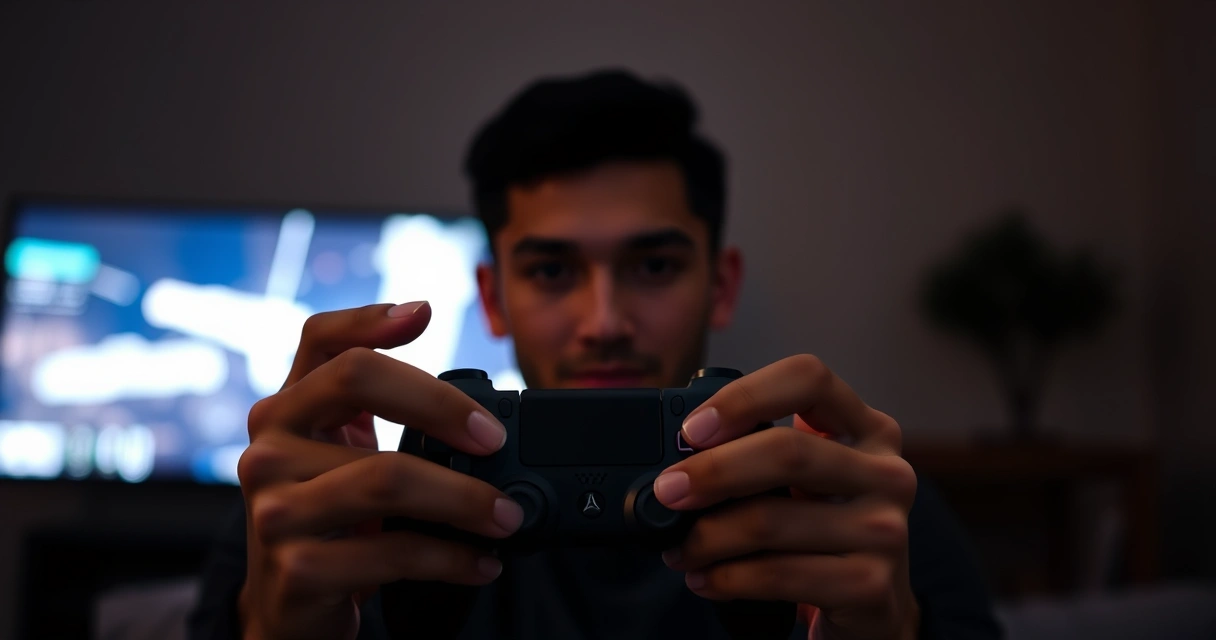 Mãos segurando um controle de videogame, com o brilho da tela ao fundo