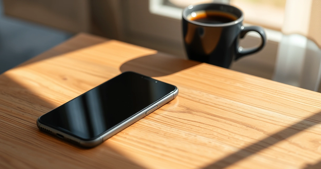 Celular sobre uma mesa de madeira, ao lado de uma xícara de café