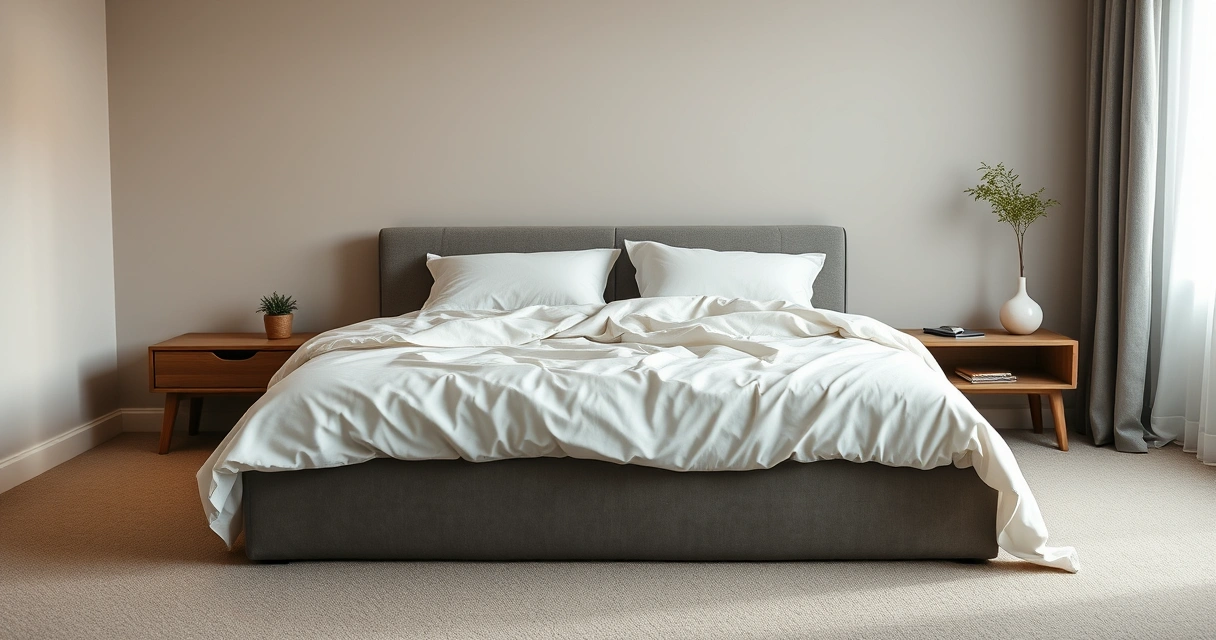 Cama arrumada com roupa de cama clara num quarto tranquilo