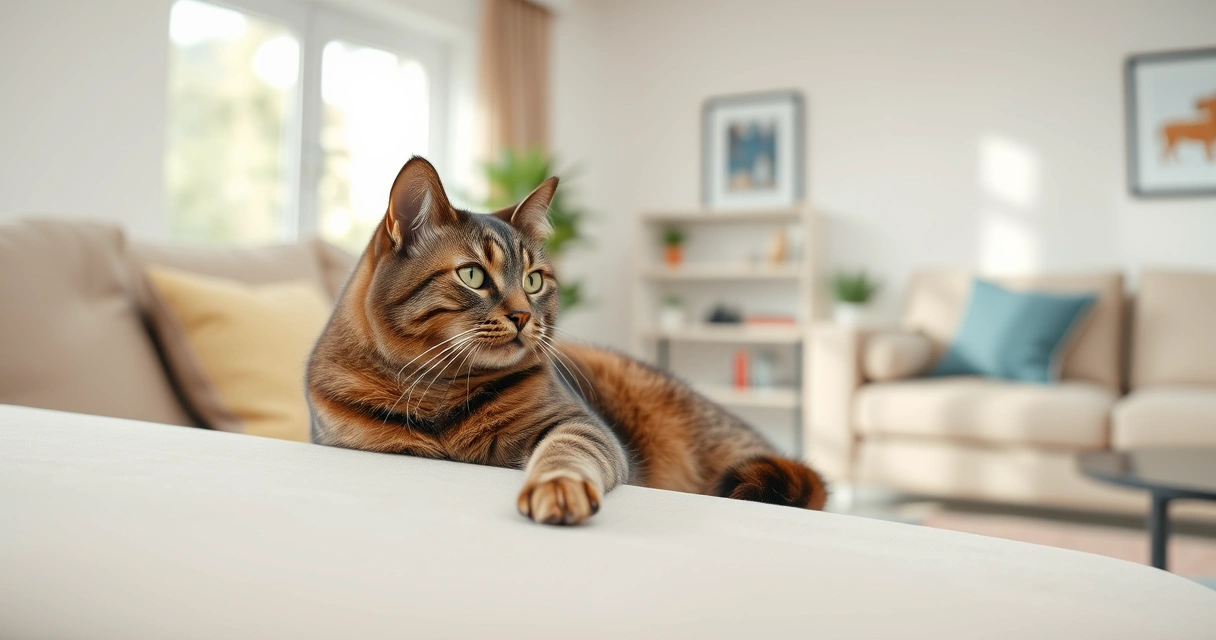 Gato descansando no sofá de uma sala clara