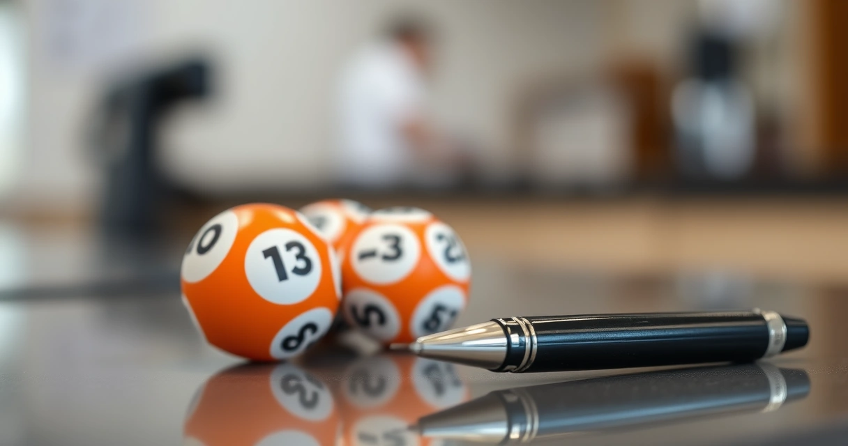 Bolas de sorteio e uma caneta sobre um balcão