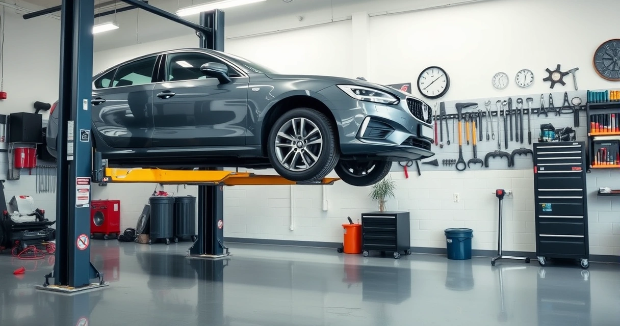 Carro sobre elevador numa oficina limpa, com ferramentas na parede