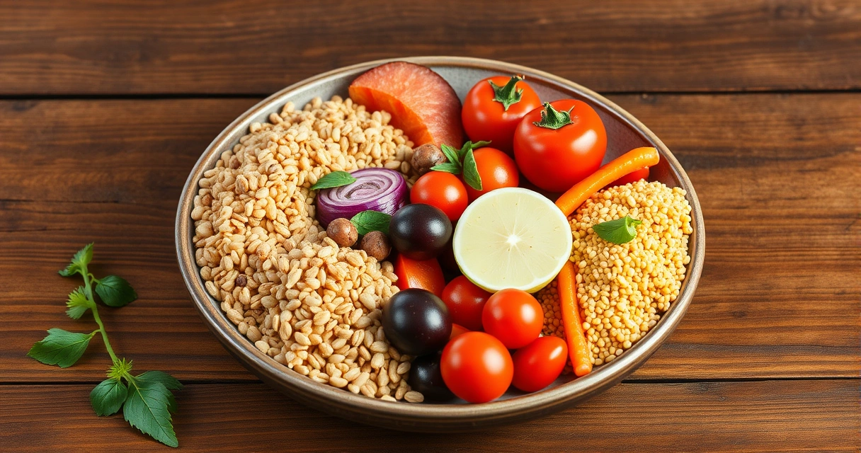 Prato com legumes coloridos e grãos sobre mesa de madeira