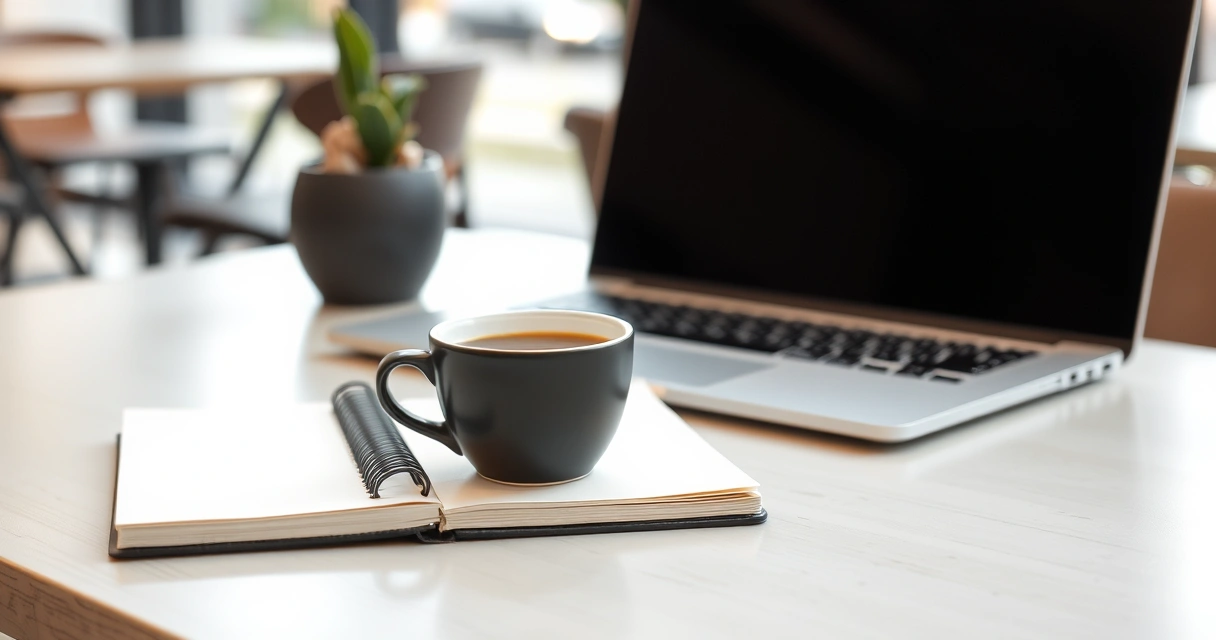 Caderno, café e notebook sobre a mesa de uma cafeteria