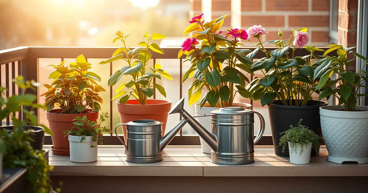 Plantas em vasos numa varanda, com um regador ao lado