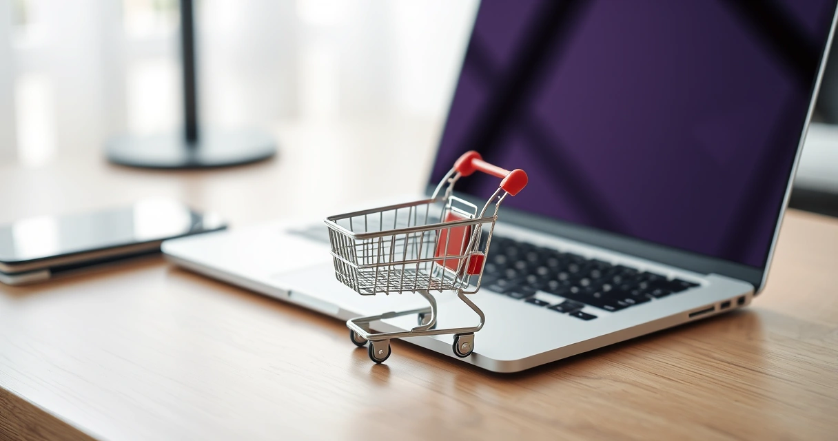 Carrinho de compras em miniatura ao lado de um notebook