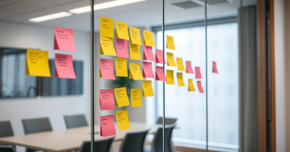 Post-its colados numa parede de vidro em sala de reunião