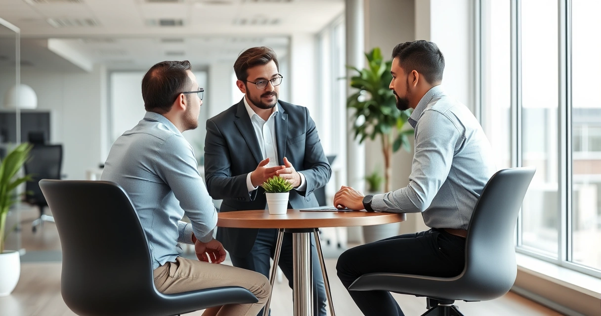 Três pessoas conversando ao redor de uma mesa num escritório claro